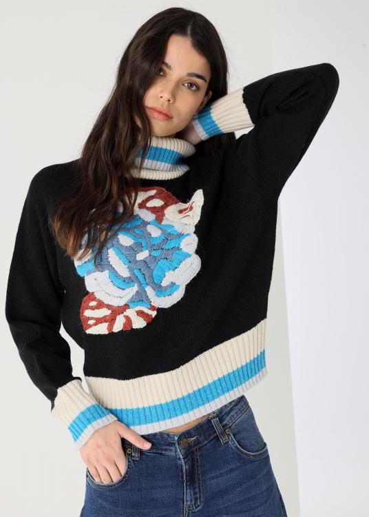 Lois Jeans Pull Col Roulé Jacquard Rose Brodé