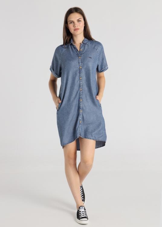 Lois Jeans Robe Courte - Chemise Manches Courtes à Plis