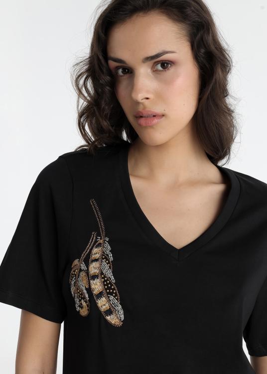 Lois Jeans Robe Courte - Manches Courtes Avec Application De Plumes Sur La Poitrine