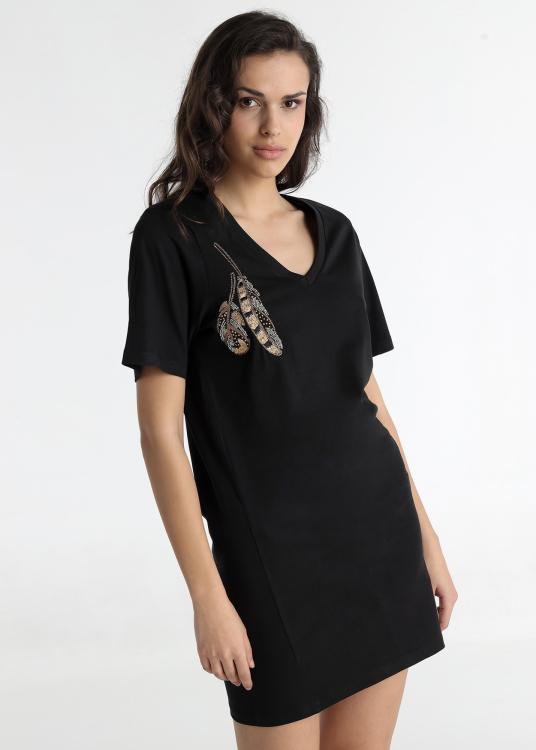 Lois Jeans Robe Courte - Manches Courtes Avec Application De Plumes Sur La Poitrine