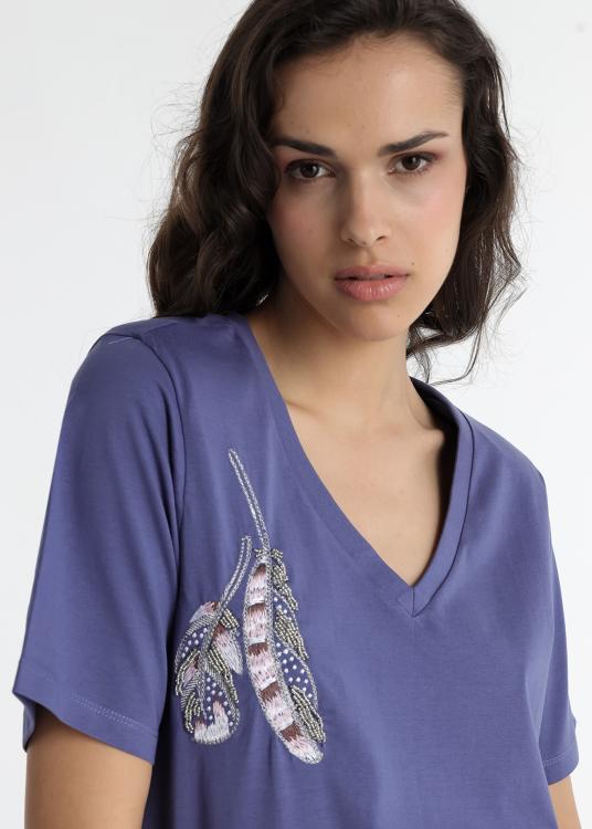 Lois Jeans Robe Courte - Manches Courtes Avec Application De Plumes Sur La Poitrine