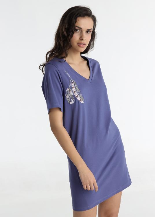 Lois Jeans Robe Courte - Manches Courtes Avec Application De Plumes Sur La Poitrine