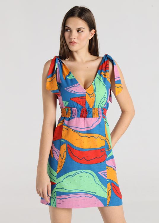 Lois Jeans Robe Courte - Noeud Sur Les épaules Imprimé Maxi Feuilles Multicolores