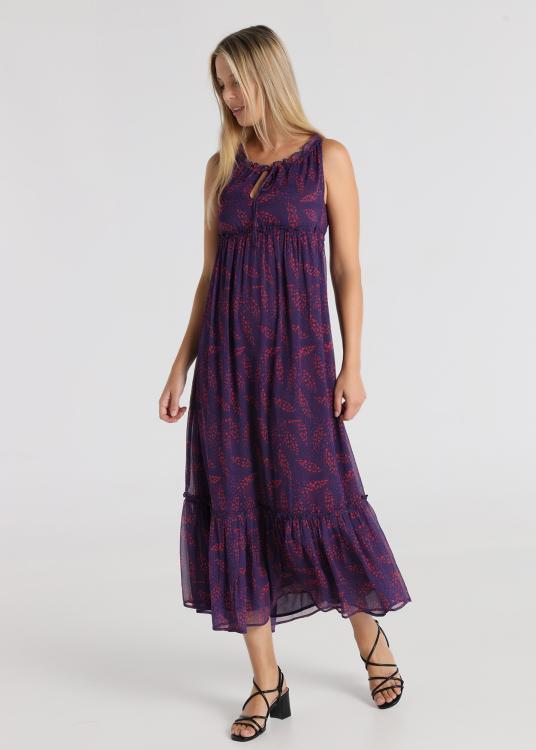 Lois Jeans Robe Longue - Imprimé Mino Sans Manches Avec Noeud Au Cou