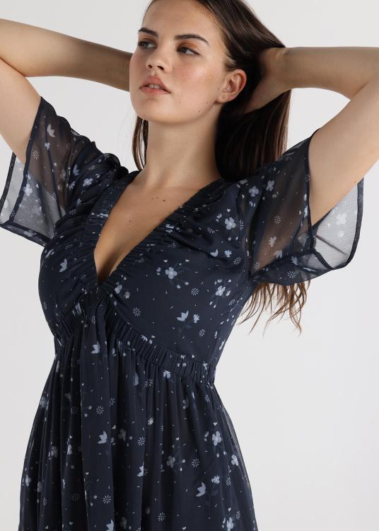 Lois Jeans Robe Midi - Manches Courtes Avec élastique Sur La Poitrine Imprimé Fleurs