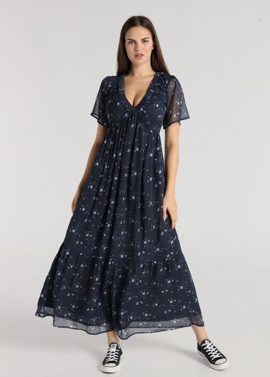 Lois Jeans Robe Midi - Manches Courtes Avec élastique Sur La Poitrine Imprimé Fleurs