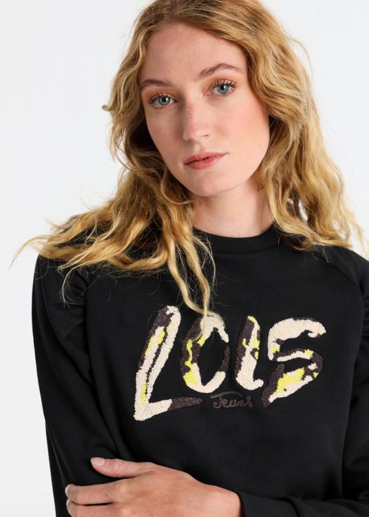 Lois Jeans Sweat-shirt Col Rond Manche Raglan Brodé Chenille Lois
