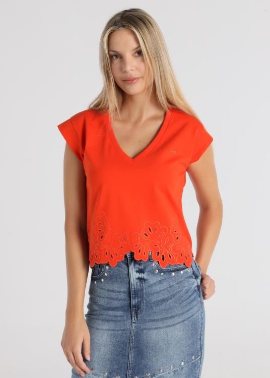 Lois Jeans T-shirt - Col V Manches Courtes Avec Détail Feuilles Découpées