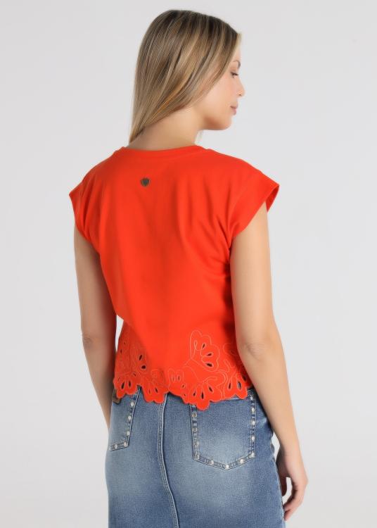 Lois Jeans T-shirt - Col V Manches Courtes Avec Détail Feuilles Découpées