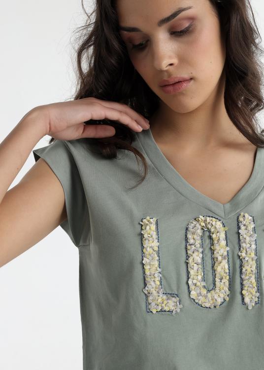 Lois Jeans T-shirt - Manches Courtes Col V Avec Empiècement En Mousseline