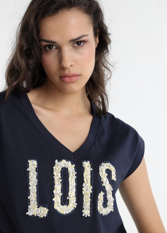 Lois Jeans T-shirt - Manches Courtes Col V Avec Empiècement En Mousseline