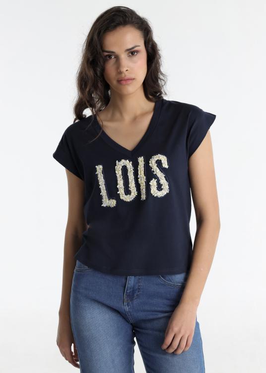 lois jeans T-shirt - Manches courtes Col V avec empiècement en mousseline