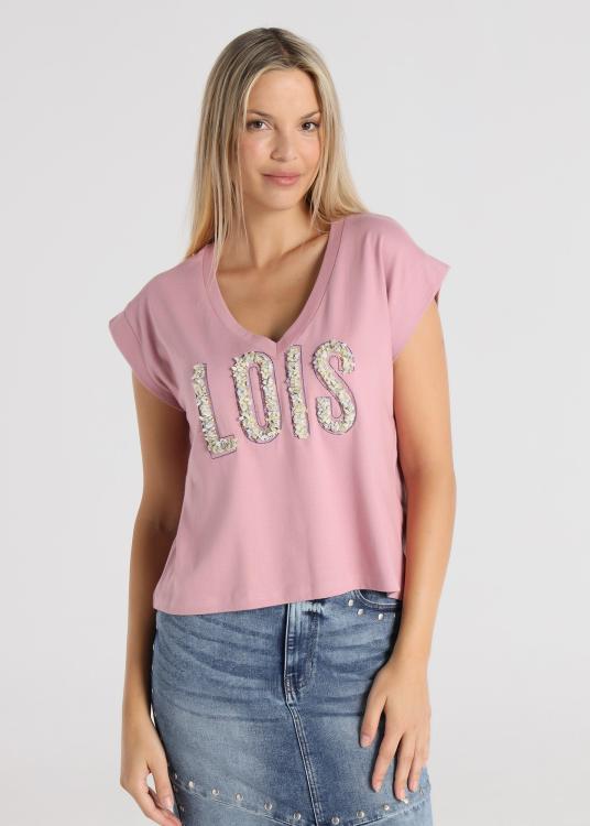 Lois Jeans T-shirt - Manches Courtes Col V Avec Empiècement En Mousseline