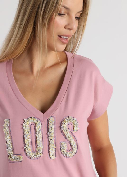 Lois Jeans T-shirt - Manches Courtes Col V Avec Empiècement En Mousseline