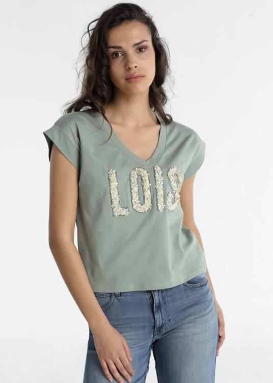 lois jeans T-shirt - Manches courtes Col V avec empiècement en mousseline