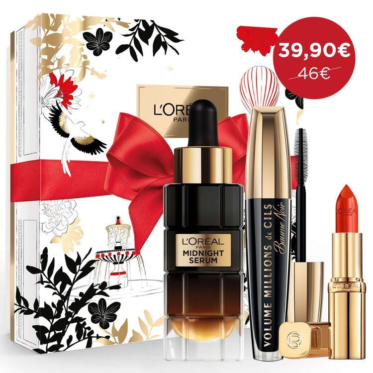l'oréal paris Coffret Cadeau Midnight Sérum + Mascara Volume Millions de Cils Baume Noir + Rouge à Lèvres Color Riche