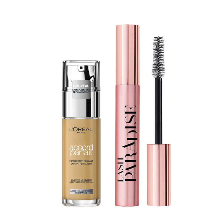l'oréal paris Duo Teint & Yeux – Fond de Teint Fluide Accord Parfait Beige Doré (3.D) + Mascara Paradise extra black