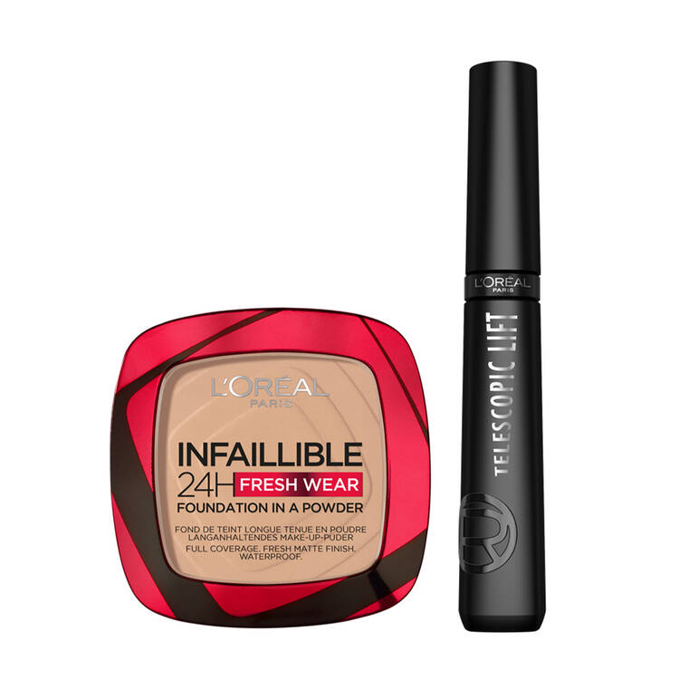 l'oréal paris Duo Teint & Yeux – Fond de Teint Poudre Longue Tenue Infaillible Beige peau 130 + Mascara telescopic lift