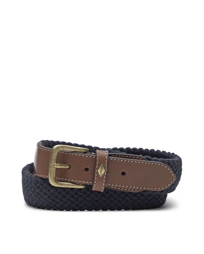 Lottusse Ceinture Élastique En Cuir De Veau Tubulaire Tressé Bleu Marine