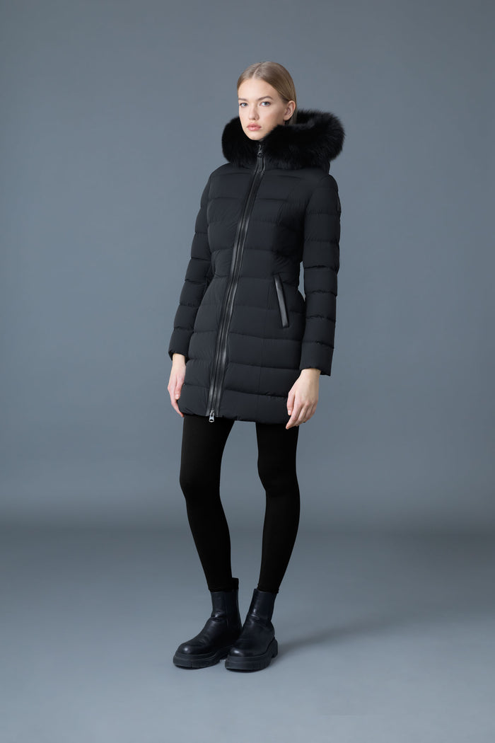 Mackage CALLA Manteau Long En Tissu Extensible Agile 360 Et En Duvet Léger Avec Col En Fourrure De Renard Bleue