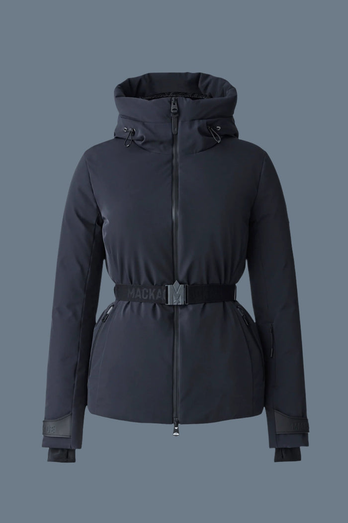 mackage KRYSTAL manteau de ski en duvet et en tissu Agile 360 avec ceinture et capuchon