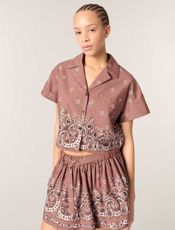 Maje Chemise Courte Imprimée à Strass Imprime Bandana Marron