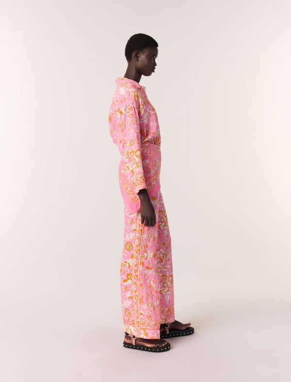Maje Chemise Fluide En Lin Imprimée Imprime Fleurs Orange Rose