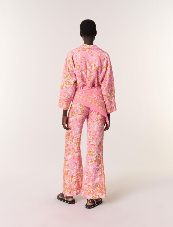 Maje Chemise Fluide En Lin Imprimée Imprime Fleurs Orange Rose