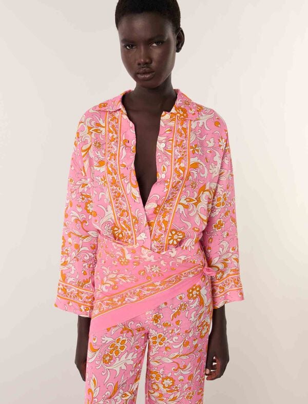 Maje Chemise Fluide En Lin Imprimée Imprime Fleurs Orange Rose
