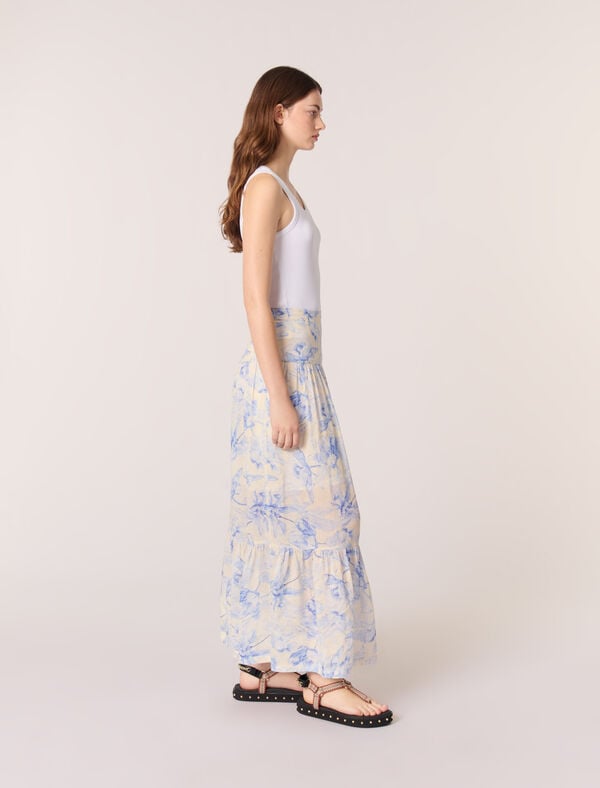 Maje Jupe Longue Imprimé Floral Imprime Fleur Bleue Fond Ecru