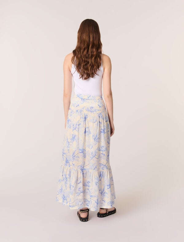 Maje Jupe Longue Imprimé Floral Imprime Fleur Bleue Fond Ecru