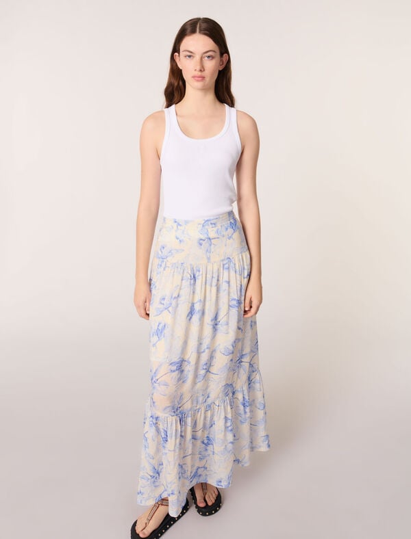 Maje Jupe Longue Imprimé Floral Imprime Fleur Bleue Fond Ecru