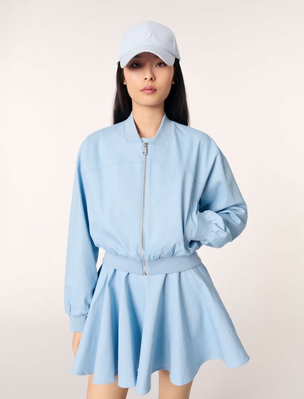 Maje Blouson Bomber Court En Denim Bleu Ciel