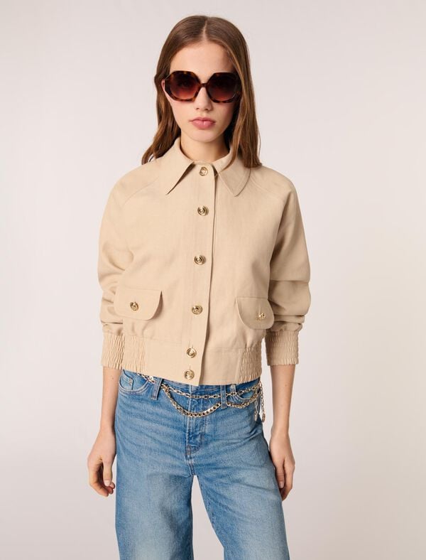 Maje Blouson Bomber En Lin Et Coton Beige
