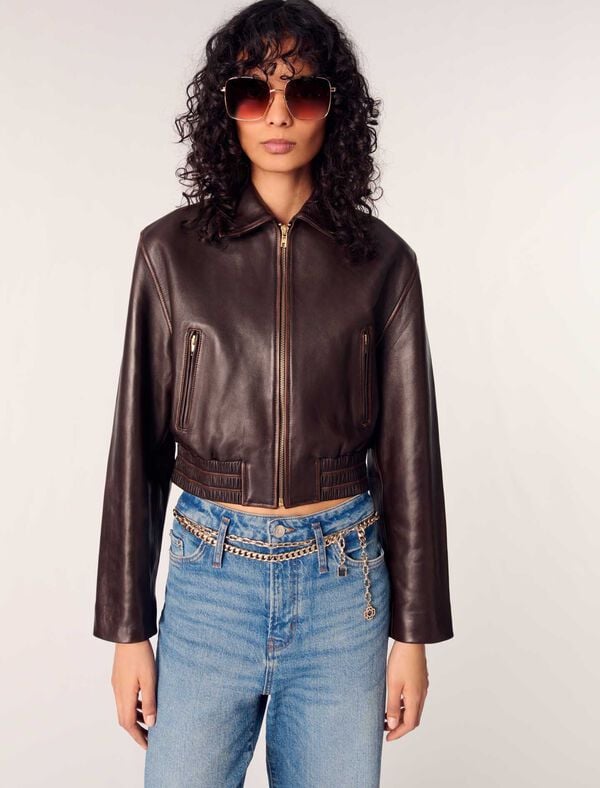 Maje Blouson En Cuir Vintage Marron