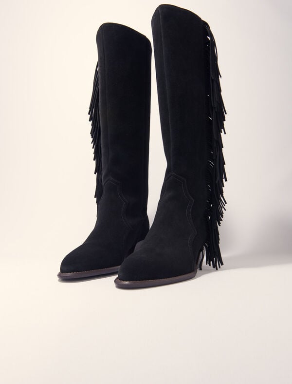 Maje Bottes Western En Suède à Franges Noir