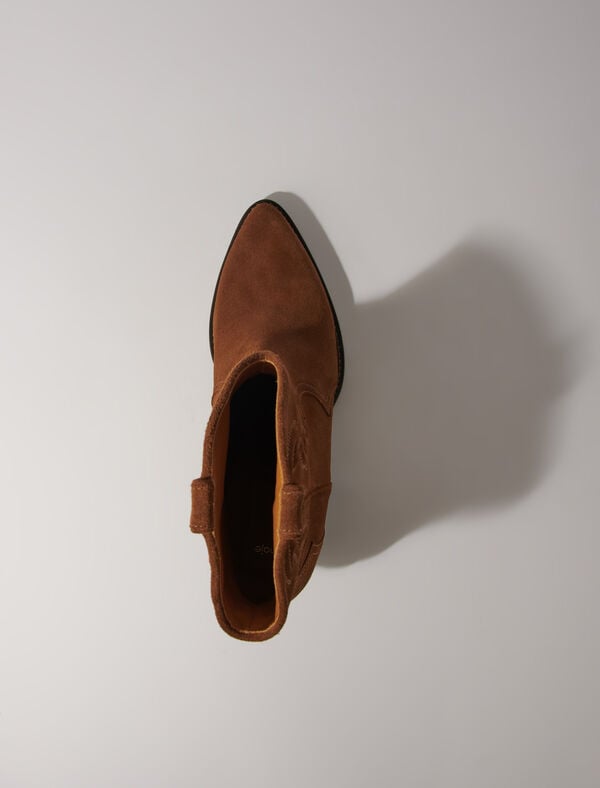 Maje Bottines Santiags En Cuir Suédé Marron Chaud