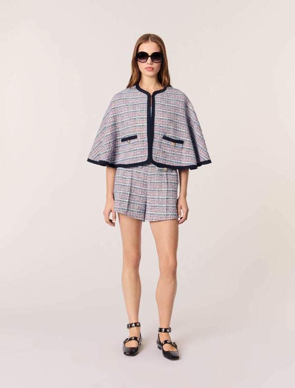 maje Cape en tweed et galons contrastés Bleu / Rouge