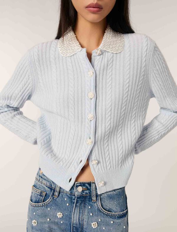 Maje Cardigan à Col Bijoux Amovible Bleu
