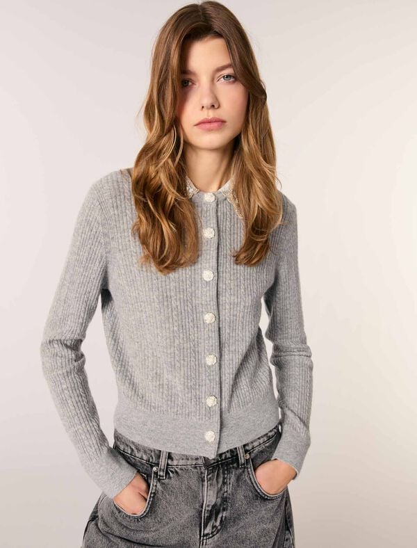 Maje Cardigan à Col Bijoux Amovible Gris