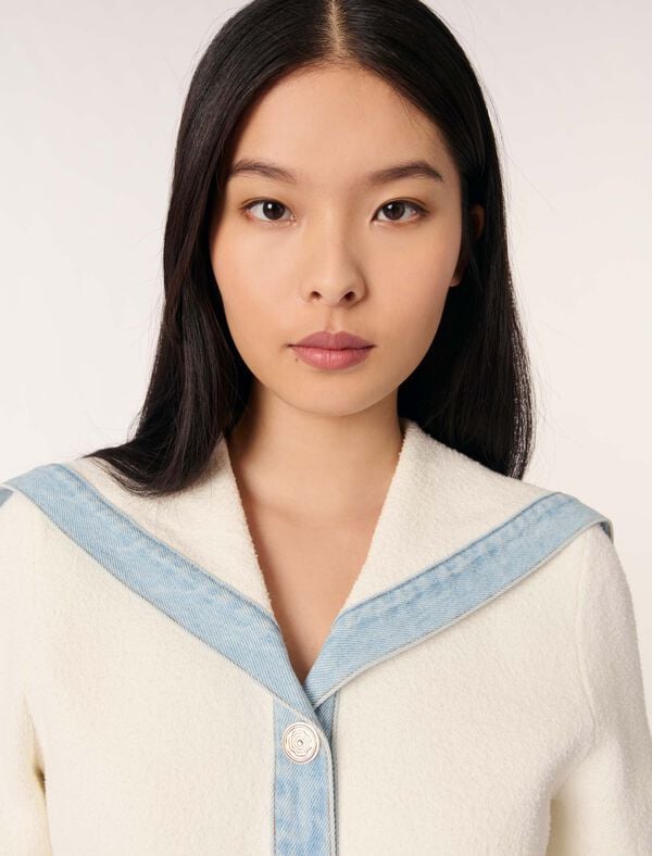 Maje Cardigan Col Marin à Détails Denim Ecru