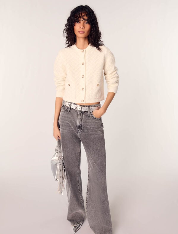 Maje Cardigan Court Effet Tweed Ecru