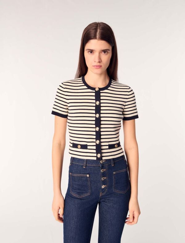 Maje Cardigan Court En Maille Côtelée Ecru/Marine