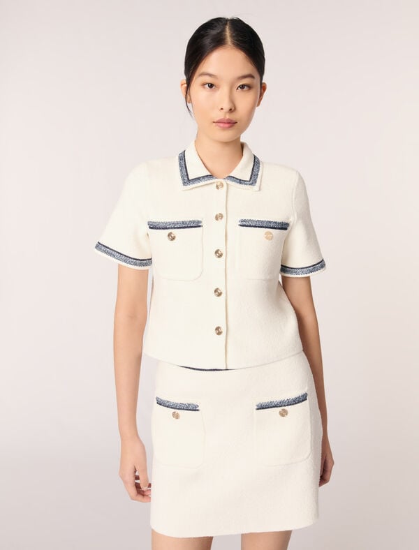 Maje Cardigan Court Et Galons Contrastés Ecru