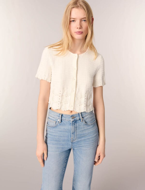 Maje Cardigan En Maille Pointelle Perlée Blanc