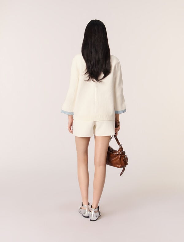 Maje Cardigan Long à Détails Denim Ecru