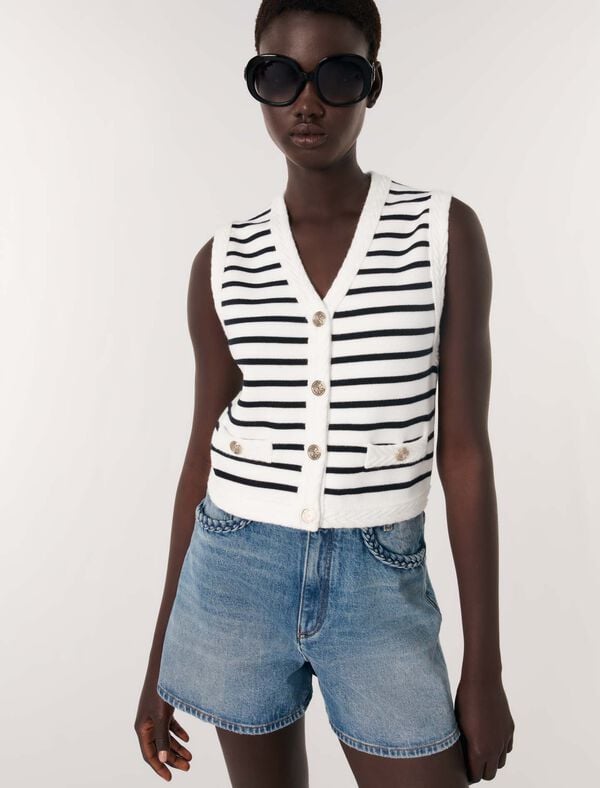 Maje Cardigan Sans Manches à Rayures Marine / Ecru