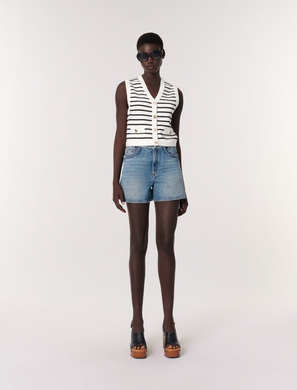 maje Cardigan sans manches à rayures Marine / Ecru