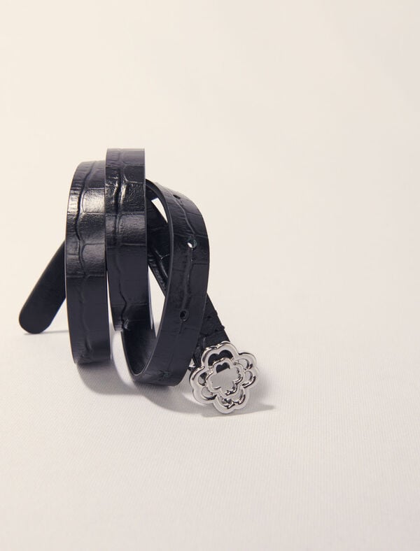 Maje Ceinture Fine Clover Embossé Croco Noir