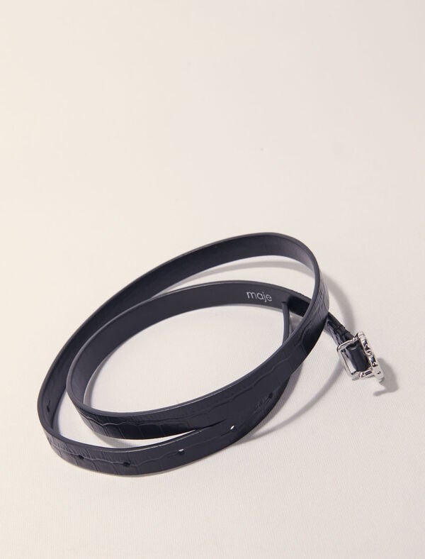 Maje Ceinture Fine Clover Embossé Croco Noir